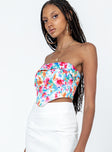 Strapless crop top Floral print Folded neckline Inner silicone strip at bust Zip fastening at back