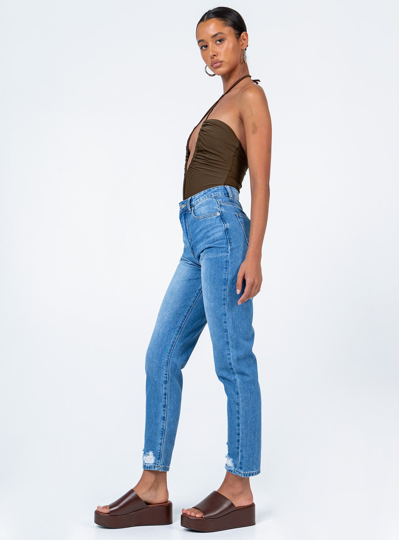 side view of model wearing Princess Polly Abarca Straight Leg Denim Jeans High Waisted 