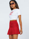 Red mini skirt Wide ruched waistband Frill hem