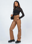 side view of model wearing Princess Polly Seuz Pants Brown 