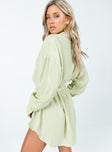 side view of model wearing Princess Polly Bilari Textured Fabric Shirt Dress Green V-Neck 