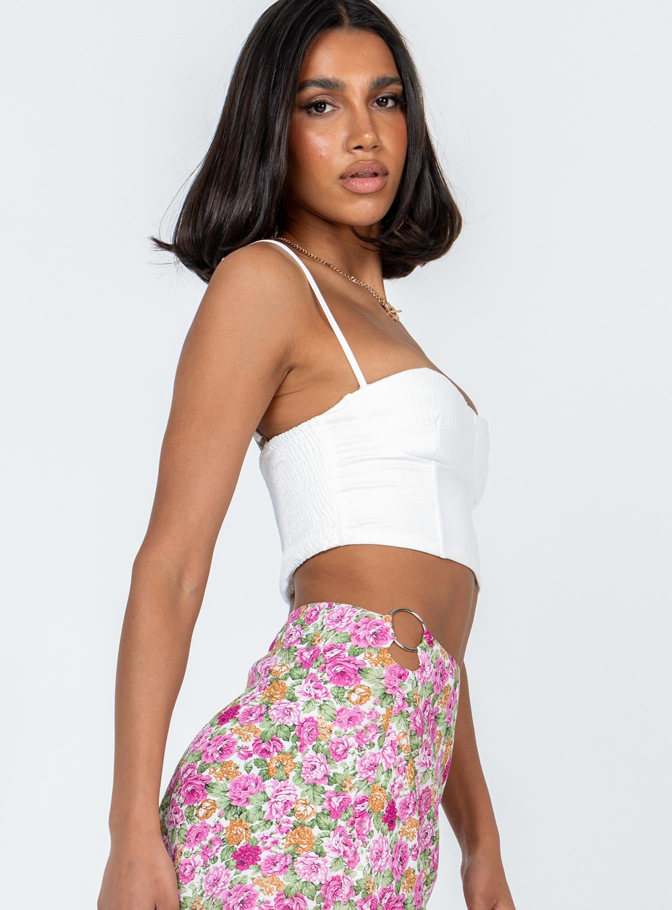 side view of model wearing Princess Polly Doreen Top White Sleeveless Sweetheart 