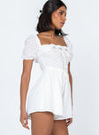 White romper Sheer design  Floral stitched material  Elasticated shoulders Puff sleeves Frill neckline  Shirred bust Fixed tie at waist 