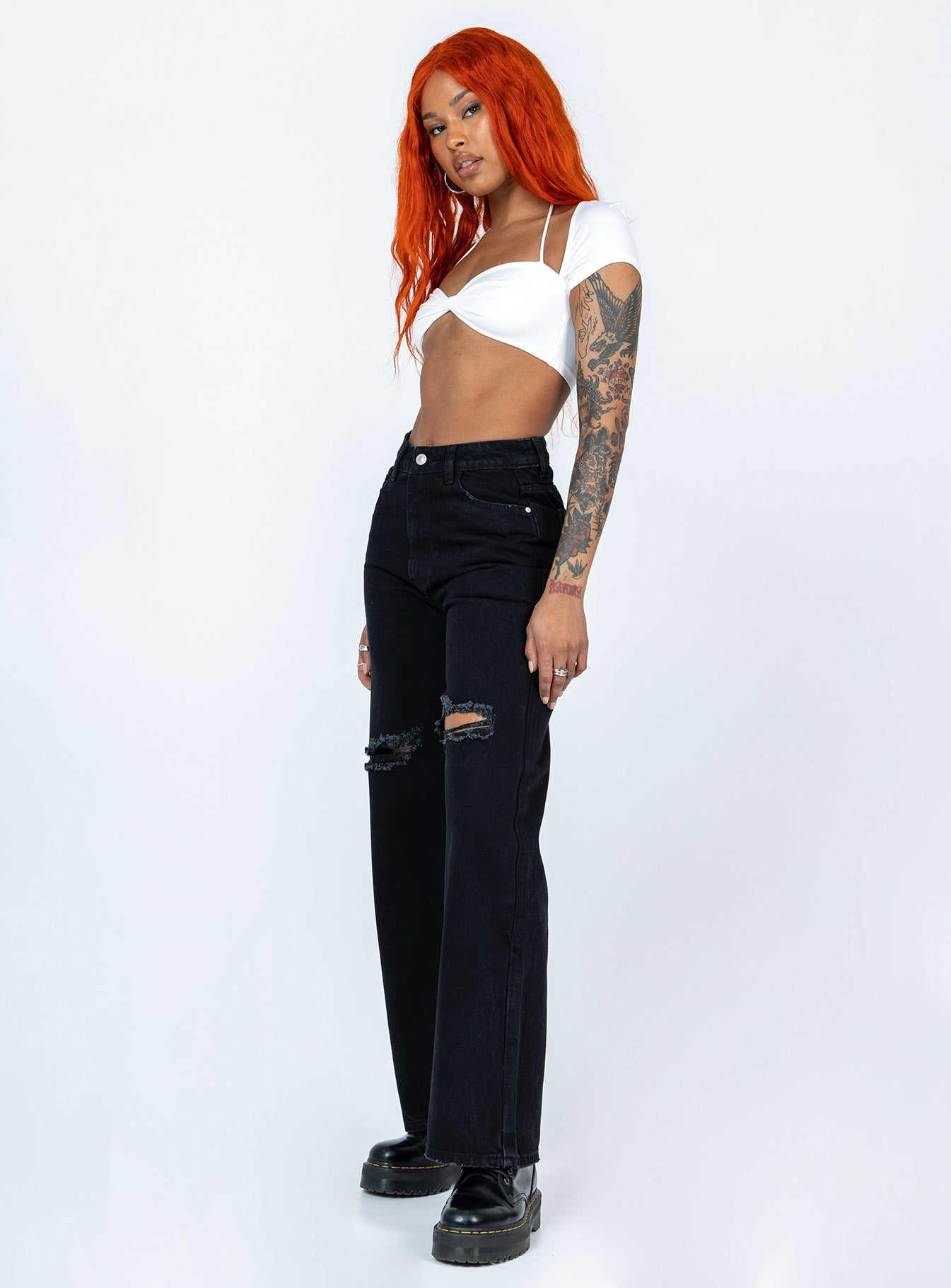 side view of model wearing Princess Polly Lugano Denim Jeans Black High Waisted 