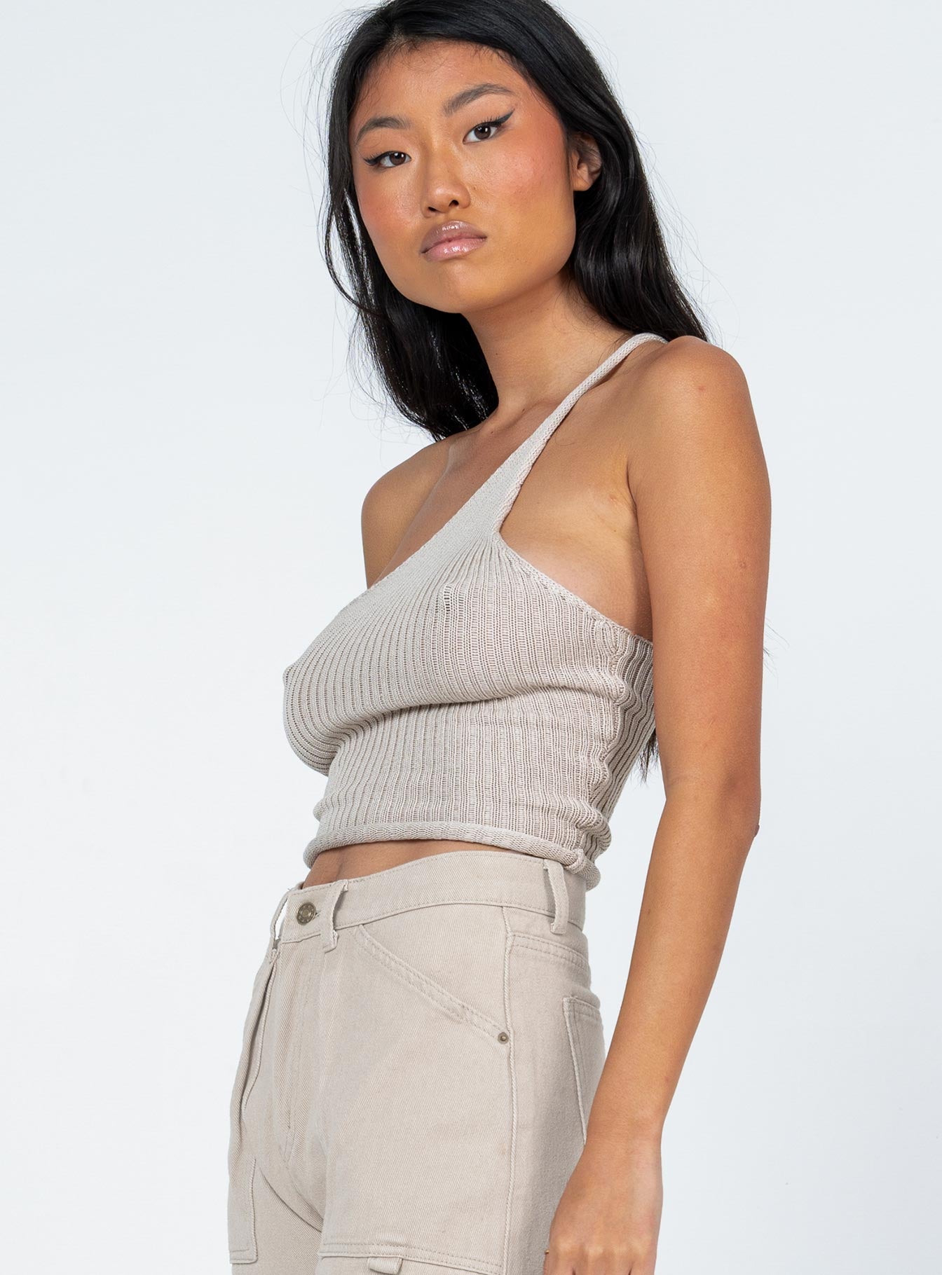 side view of model wearing Princess Polly Lavelle Top Beige 