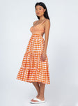 side view of model wearing Princess Polly Bea Maxi Dress Orange Gingham 