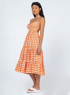 side view of model wearing Princess Polly Bea Maxi Dress Orange Gingham 