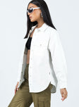 Jacket White denim Classic collar Press button fastening at front Twin chest pockets Single button cuff Split hem at sides