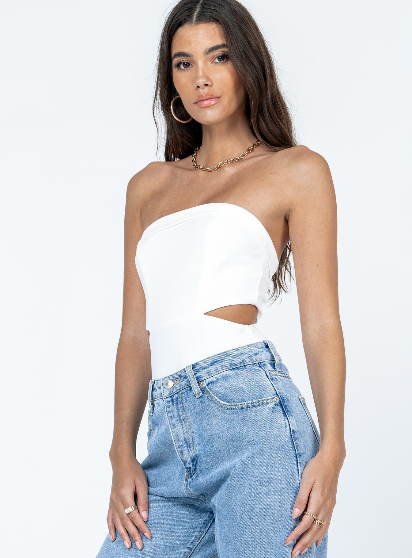 side view of model wearing Princess Polly Alaska Strapless Bodysuit White Sleeveless straight 