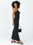 side view of model wearing Princess Polly Casa Maxi Dress Black Scoop Neck 