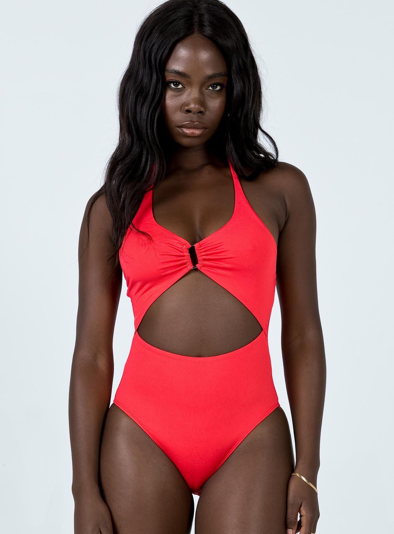 front view of model wearing Princess Polly Madiha Bodysuit Red Sleeveless Plunger 