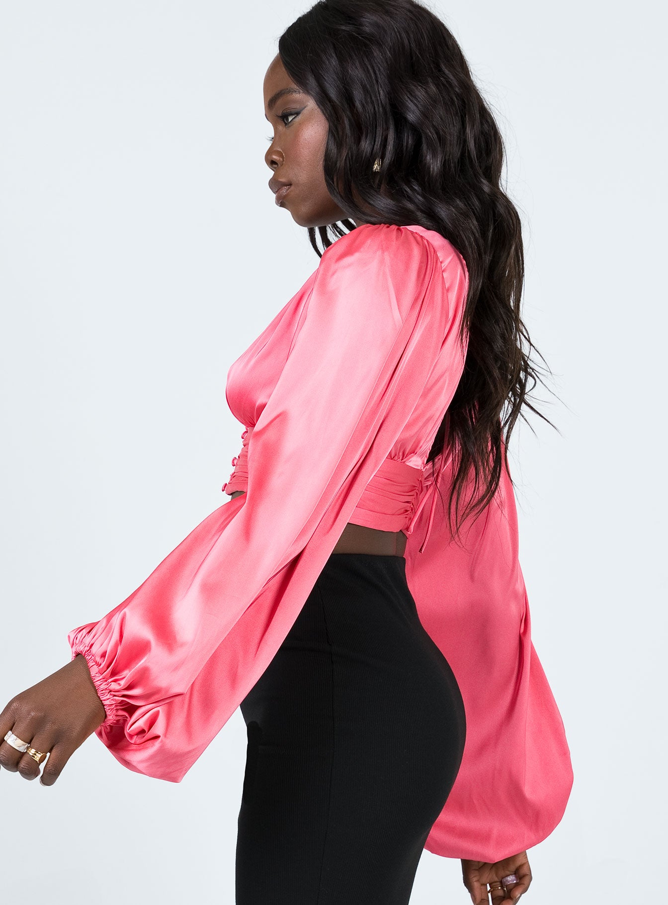 side view of model wearing Princess Polly Renee Long Sleeve Top Pink 