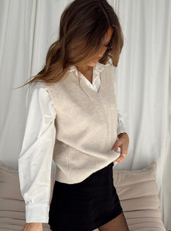 front view of model wearing Princess Polly Lexie Sweater Vest Cream Cropped Jumpers 