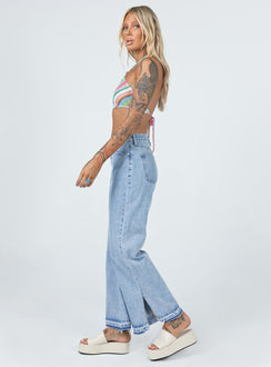 side view of model wearing Princess Polly Holmes Low Rise Frayed Hem Denim Jeans Mid Rise 