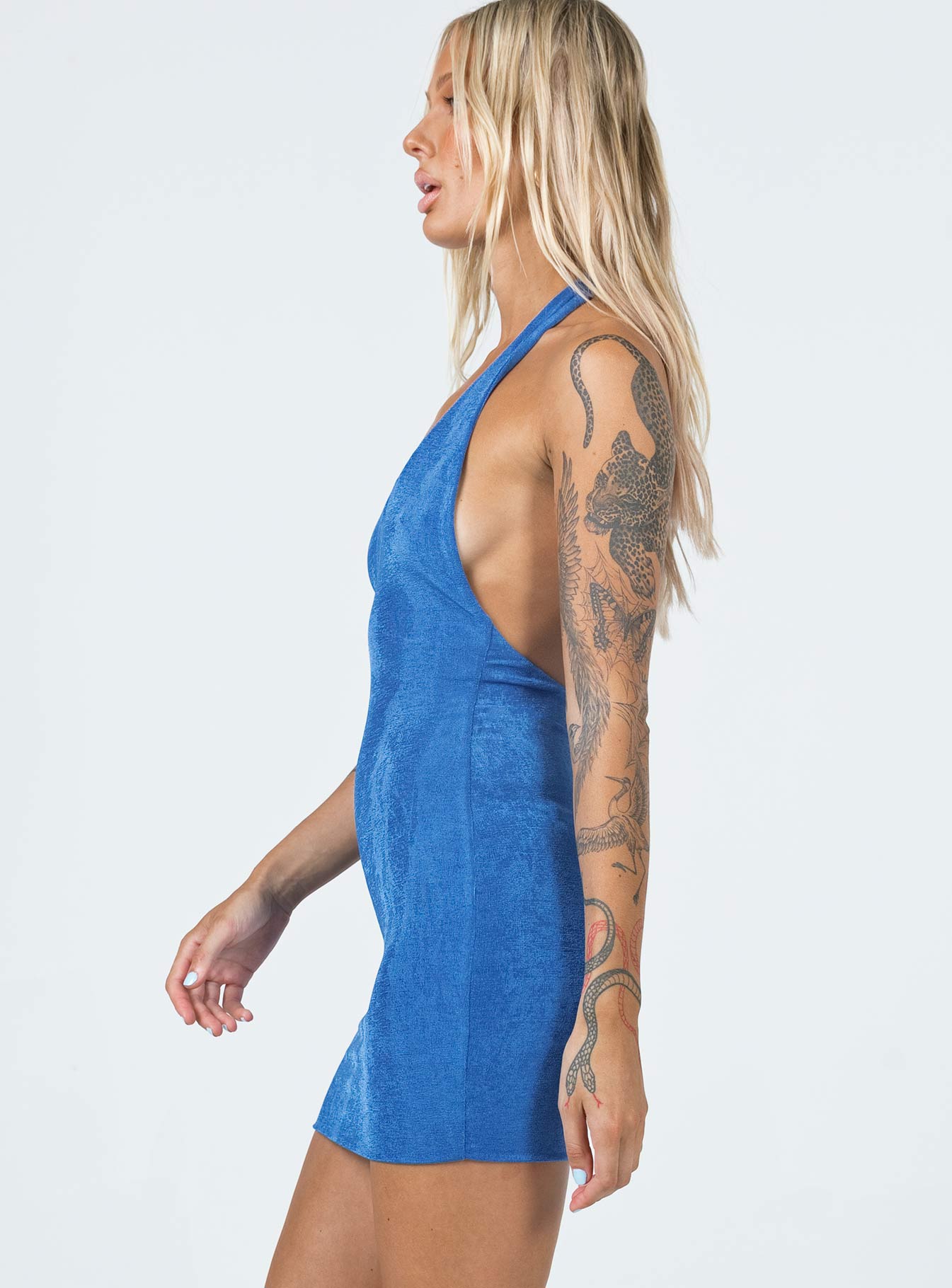 side view of model wearing Princess Polly Riviera Mini Dress Blue 