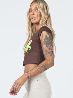 side view of model wearing Princess Polly Motel Tinsi Top Deep Mahogany Cream of the Crop 