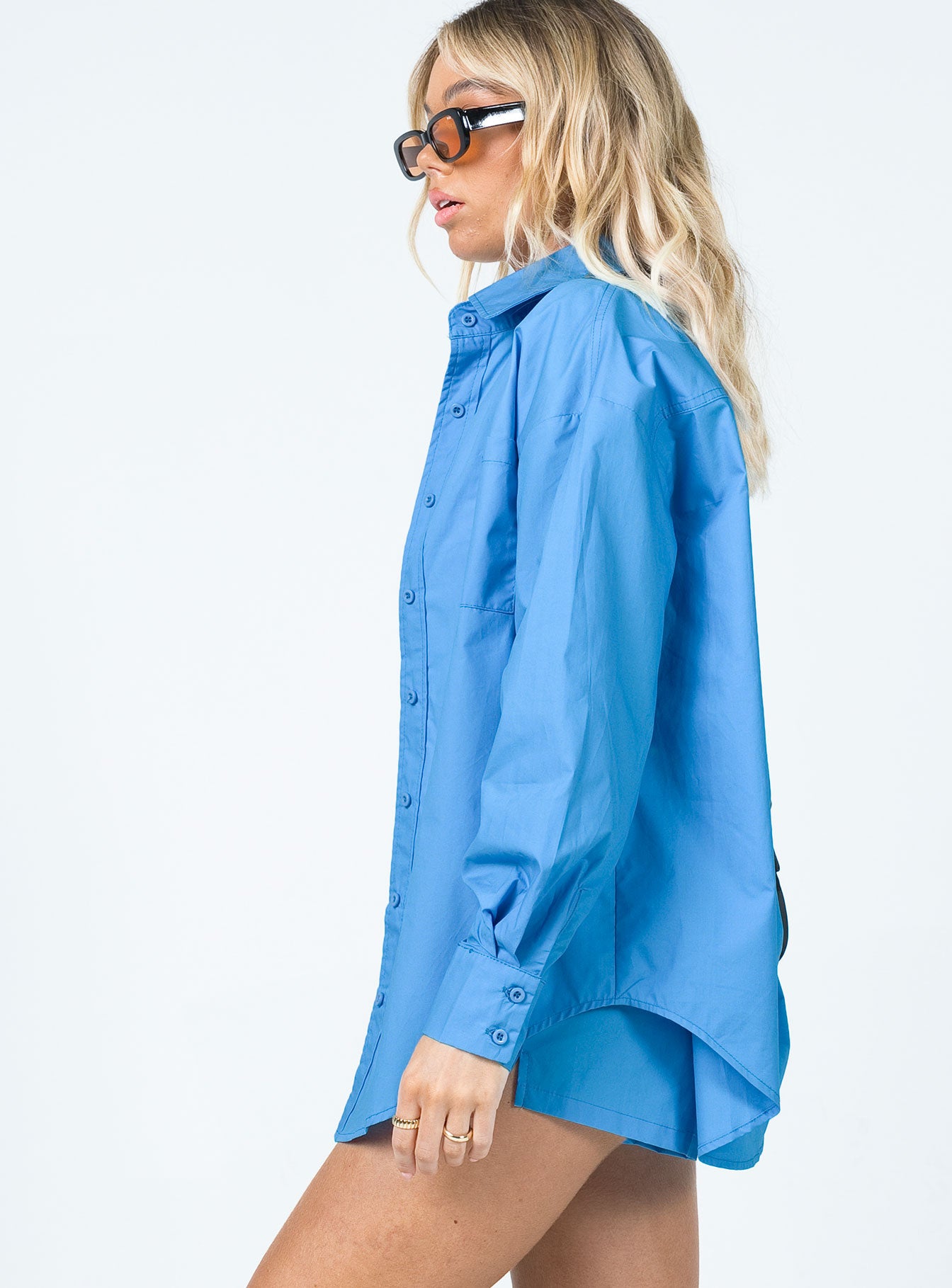 side view of model wearing Princess Polly Walsh Shirt Dark Blue 