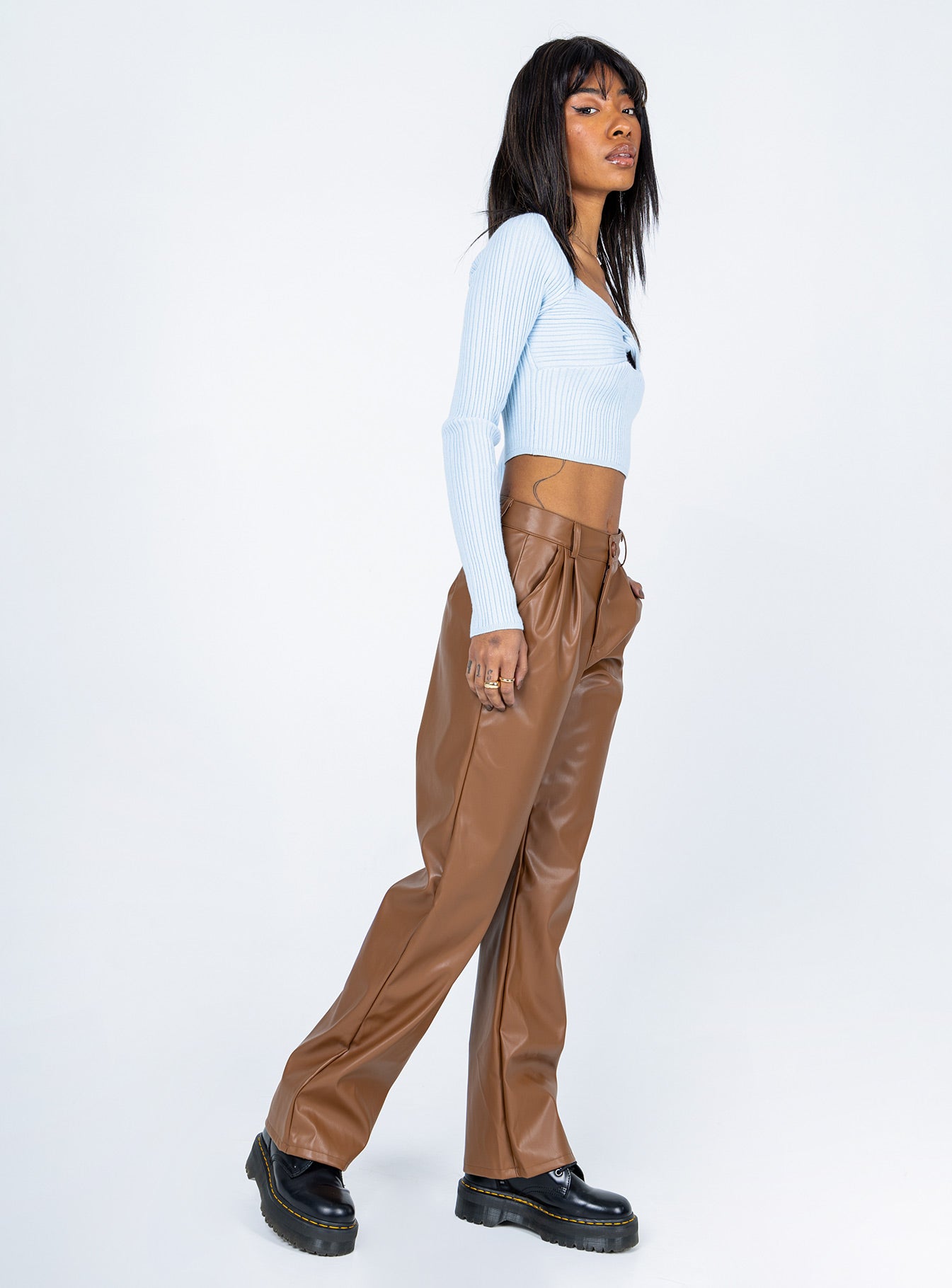 side view of model wearing Princess Polly Wild Charm PU Pants Brown 