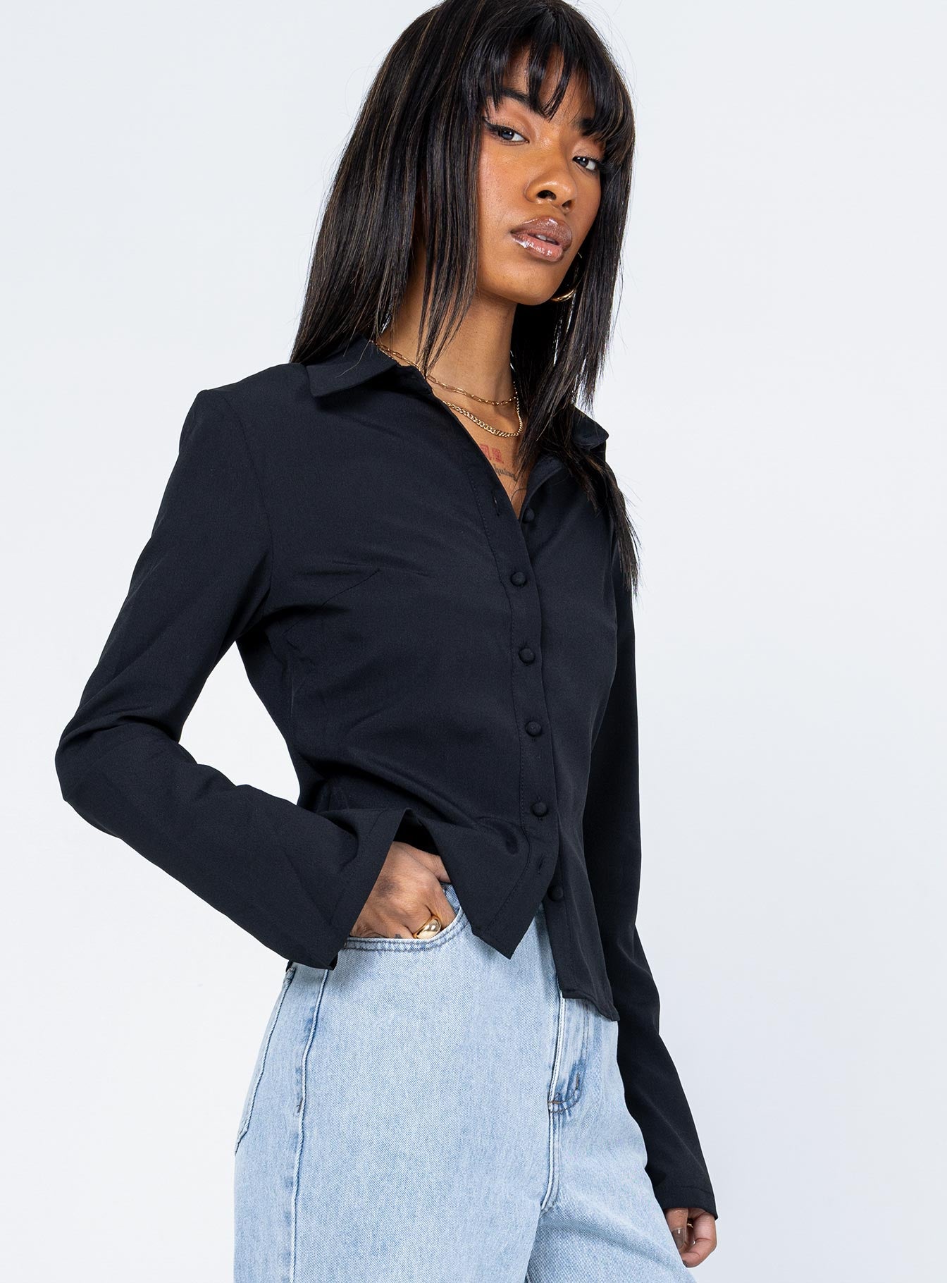 back view of model wearing Princess Polly Anni Shirt Black 