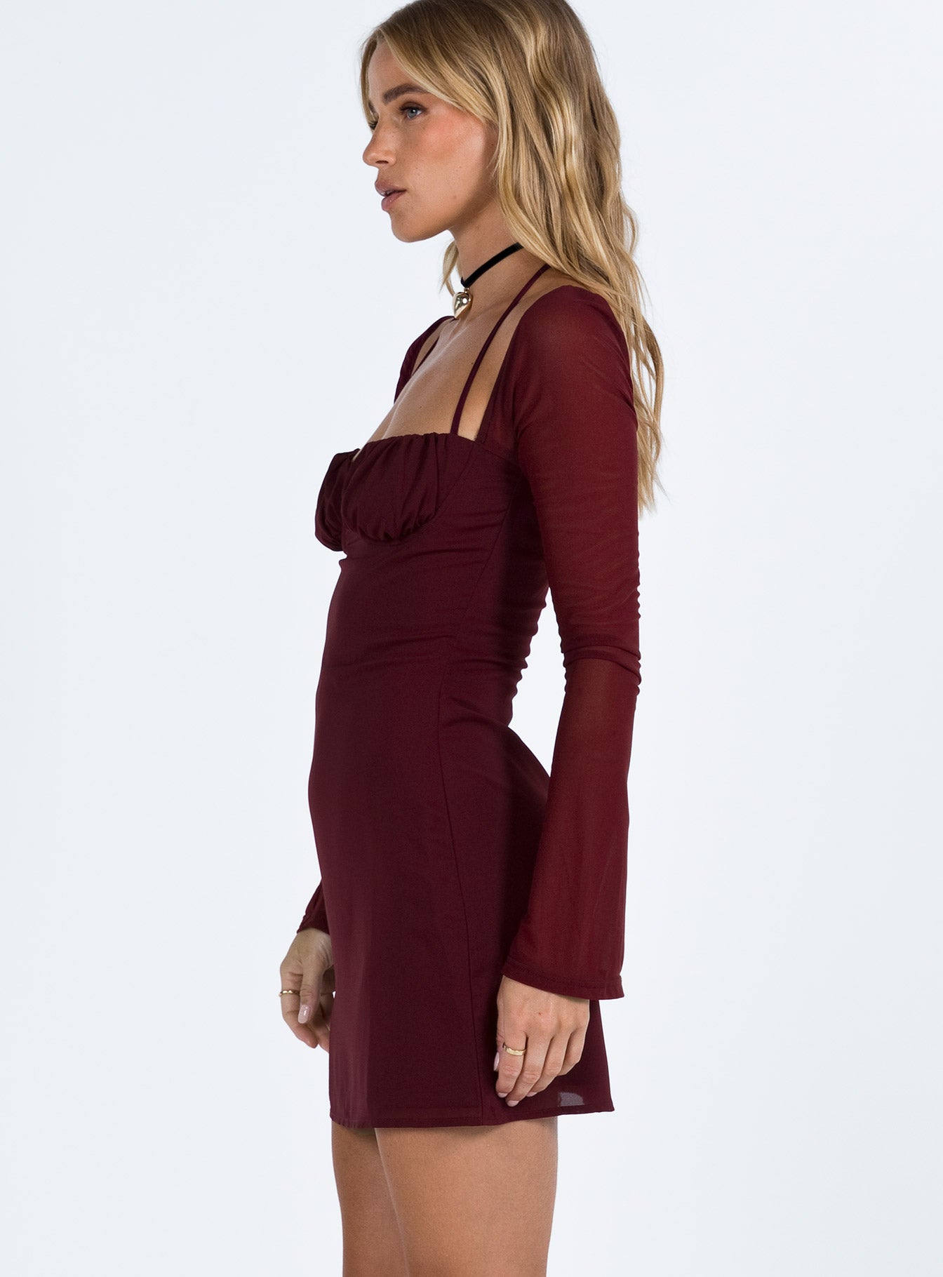Dyer Sheer Sleeve Mini Dress Burgundy | Princess Polly Dyer Sheer Sleeve Mini Dress Burgundy | Princess Polly