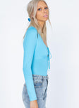 side view of model wearing Princess Polly Valentina Bodysuit Blue Full Sleeves Scoop Neck 