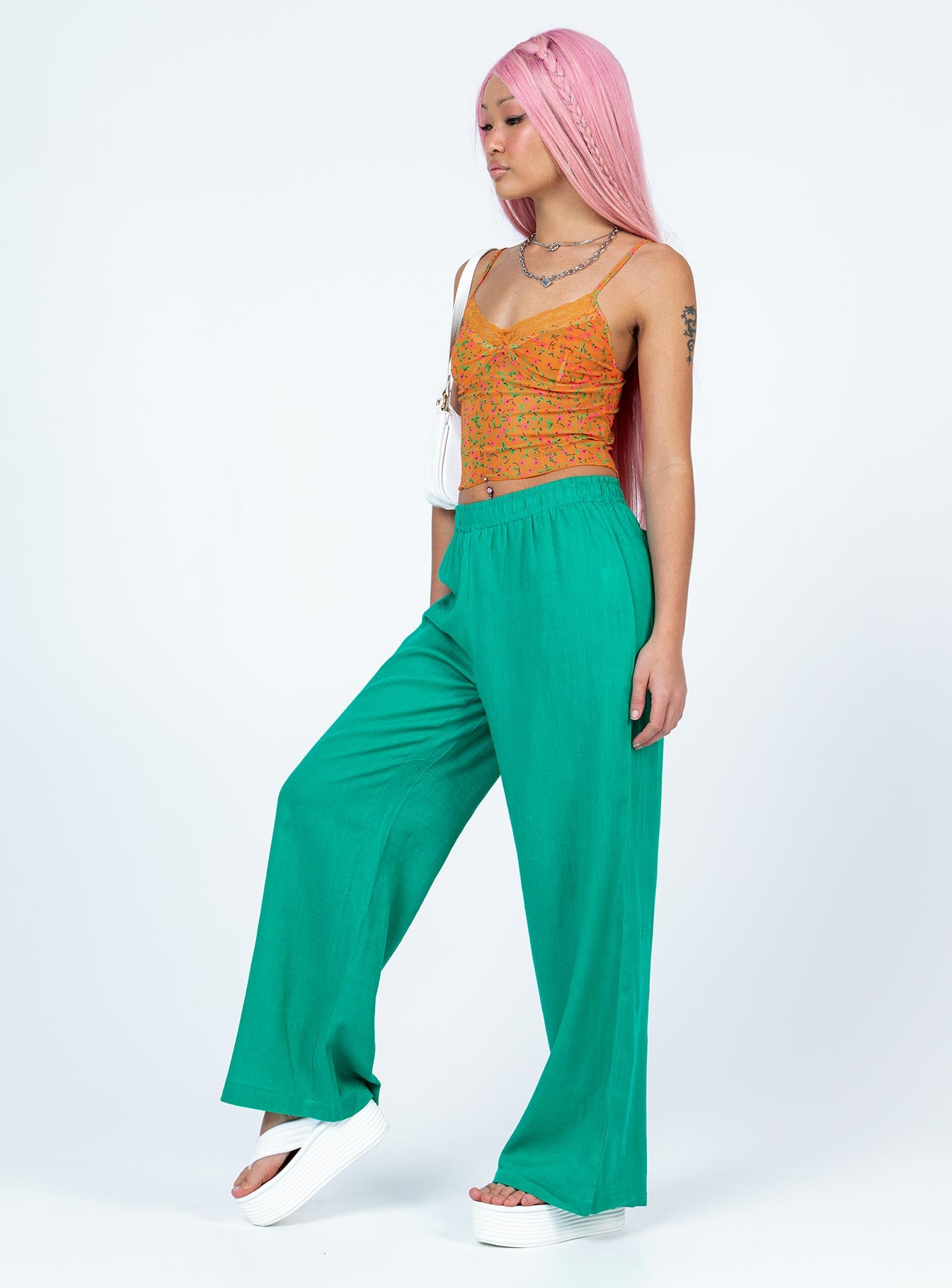 side view of model wearing Princess Polly Louis Linen Blend Pants Green 