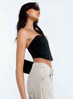 side view of model wearing Princess Polly Beverly Strapless Top Black Sleeveless Square Neck 