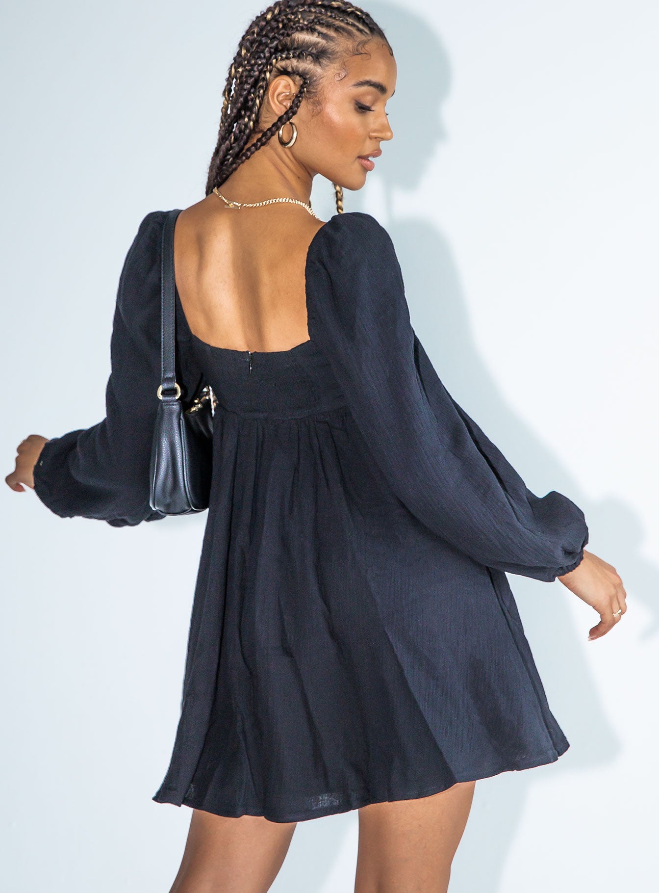 back view of model wearing Princess Polly Lorna Long Sleeve Mini Dress Black 