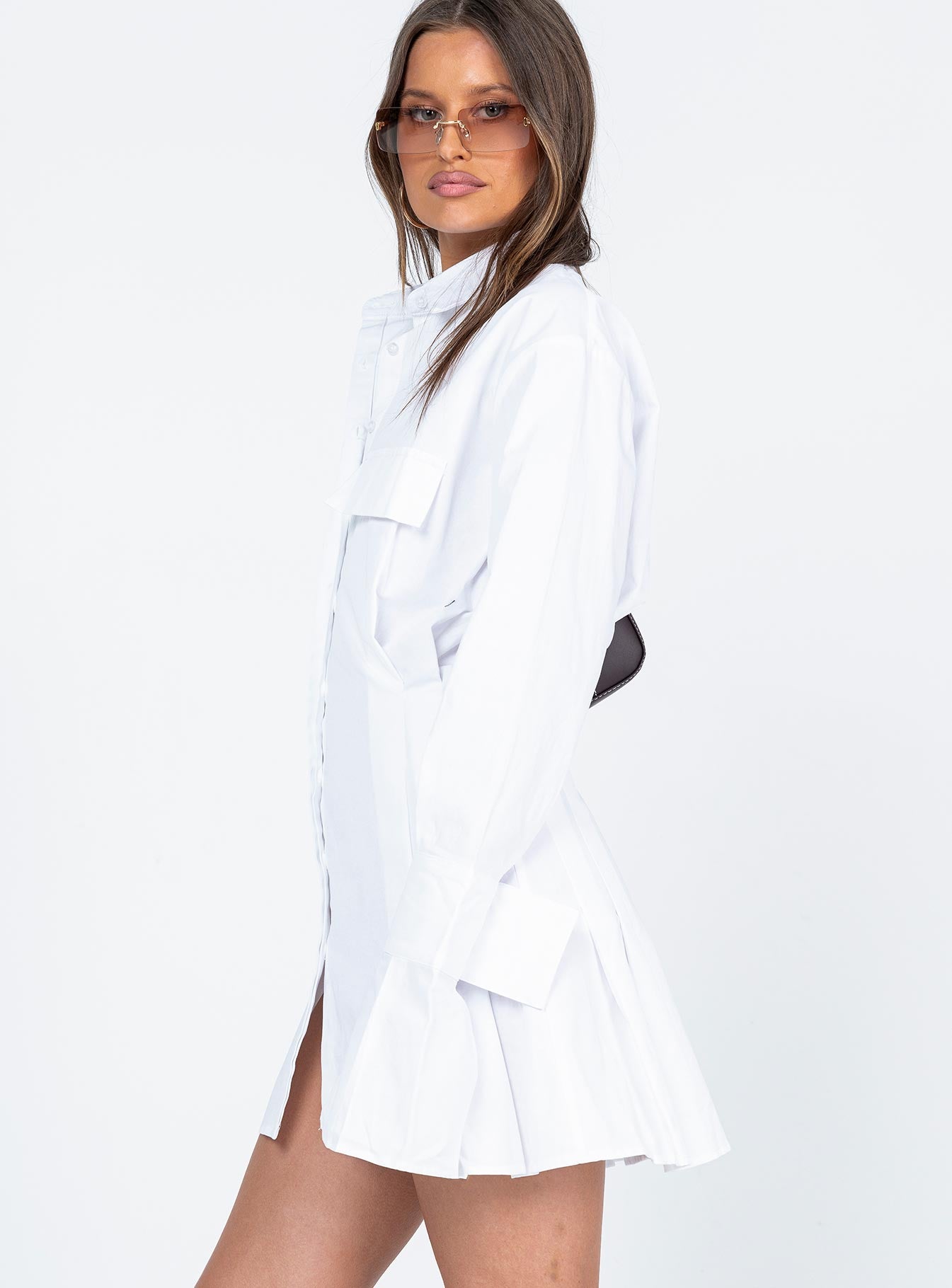 side view of model wearing Princess Polly Cover Girl Mini Dress 