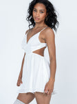 White romper Adjustable shoulder straps  Gathered bust  Tie fastening at back  Exposed back  Elastciated wiast 