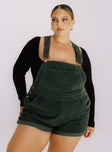 Green overalls 100% cotton Cord material Button sides Multiple pockets Fixed rolled hem Adjustable straps