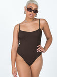 front view of model wearing Princess Polly Benjamin Bodysuit Brown Sleeveless Square Neck 