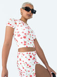 White crop top Mesh material  Floral print Sheer cap sleeves  Good stretch   Lined body 