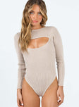 front view of model wearing Princess Polly Kadel Bodysuit Beige Full Sleeves Crew Neck 