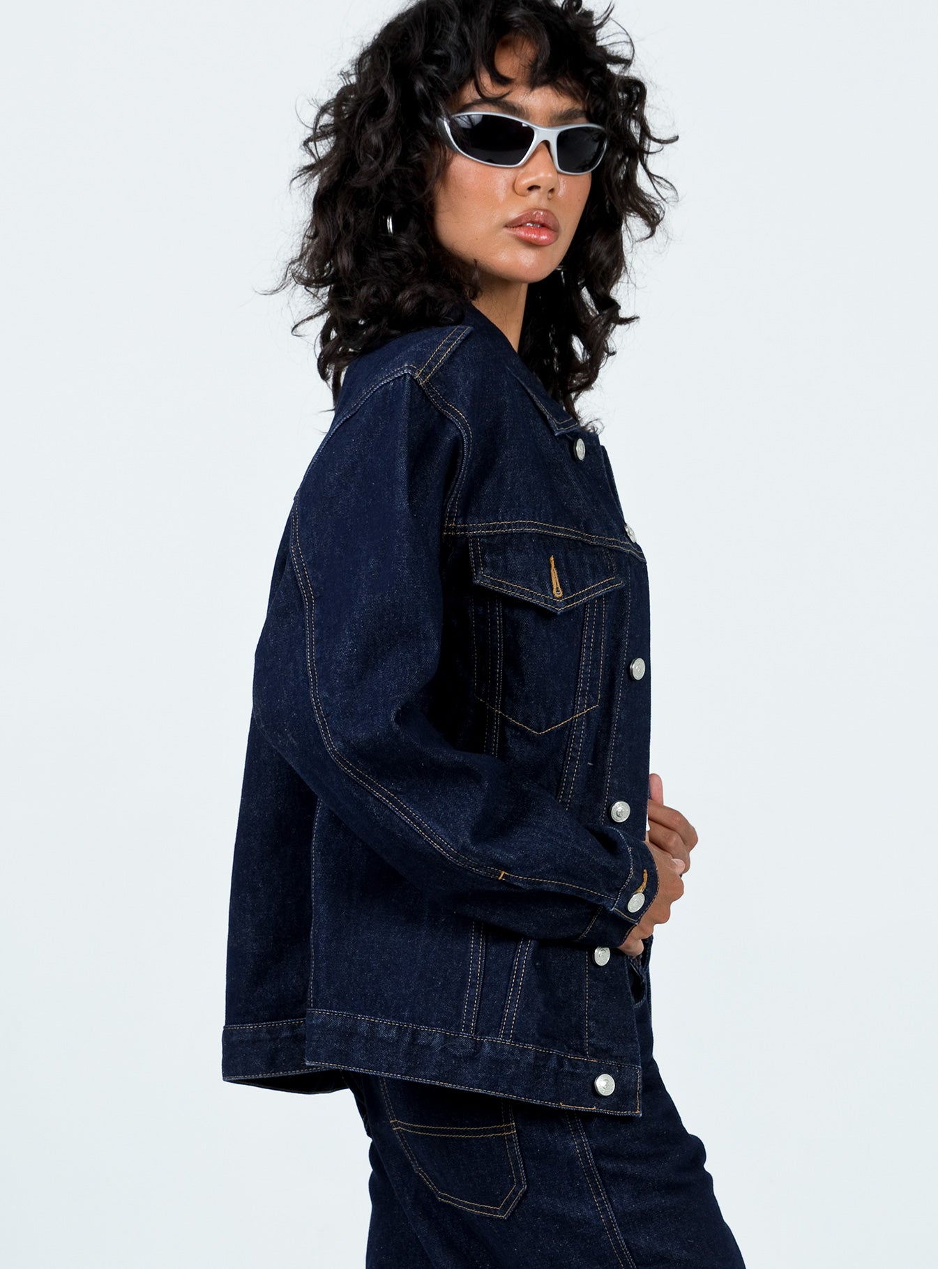 Jacket Dark wash denim Classic collar Button fastening at front Twin chest pockets Single button cuff