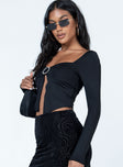 side view of model wearing Princess Polly Sylvie Long Sleeve Top Black Full Sleeves Square Neck 