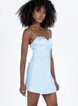 Front view of model wearing  front Princess Polly Asymmetric Neckline  Snowbird Mini Dress Blue