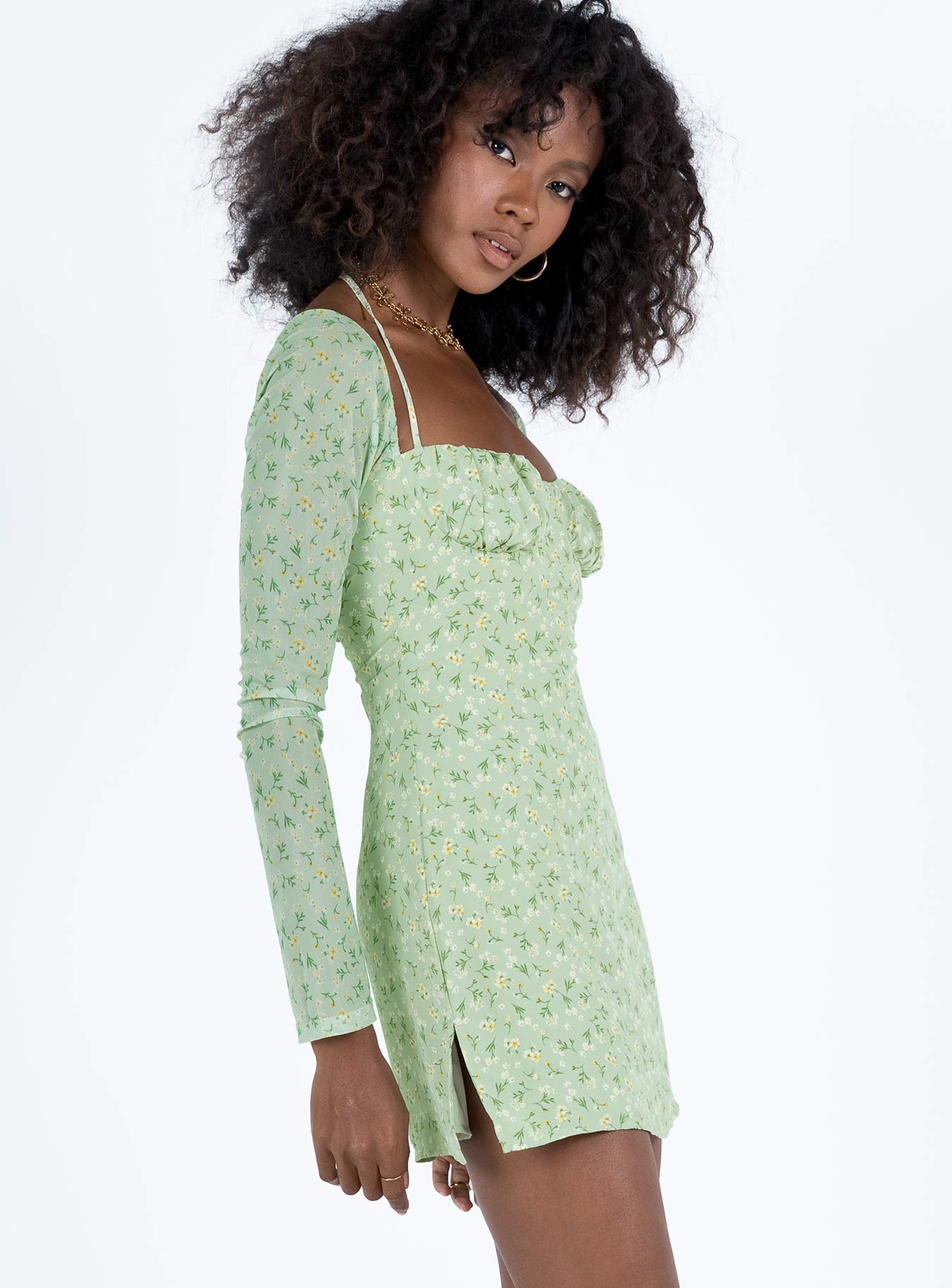 Dyer Sheer Sleeve Mini Dress Green Floral | Princess Polly Dyer Sheer Sleeve Mini Dress Green Floral | Princess Polly
