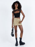 Crop top Mesh material Cut out at front Lace up detail with tie fastening at back Good stretch Partially lined