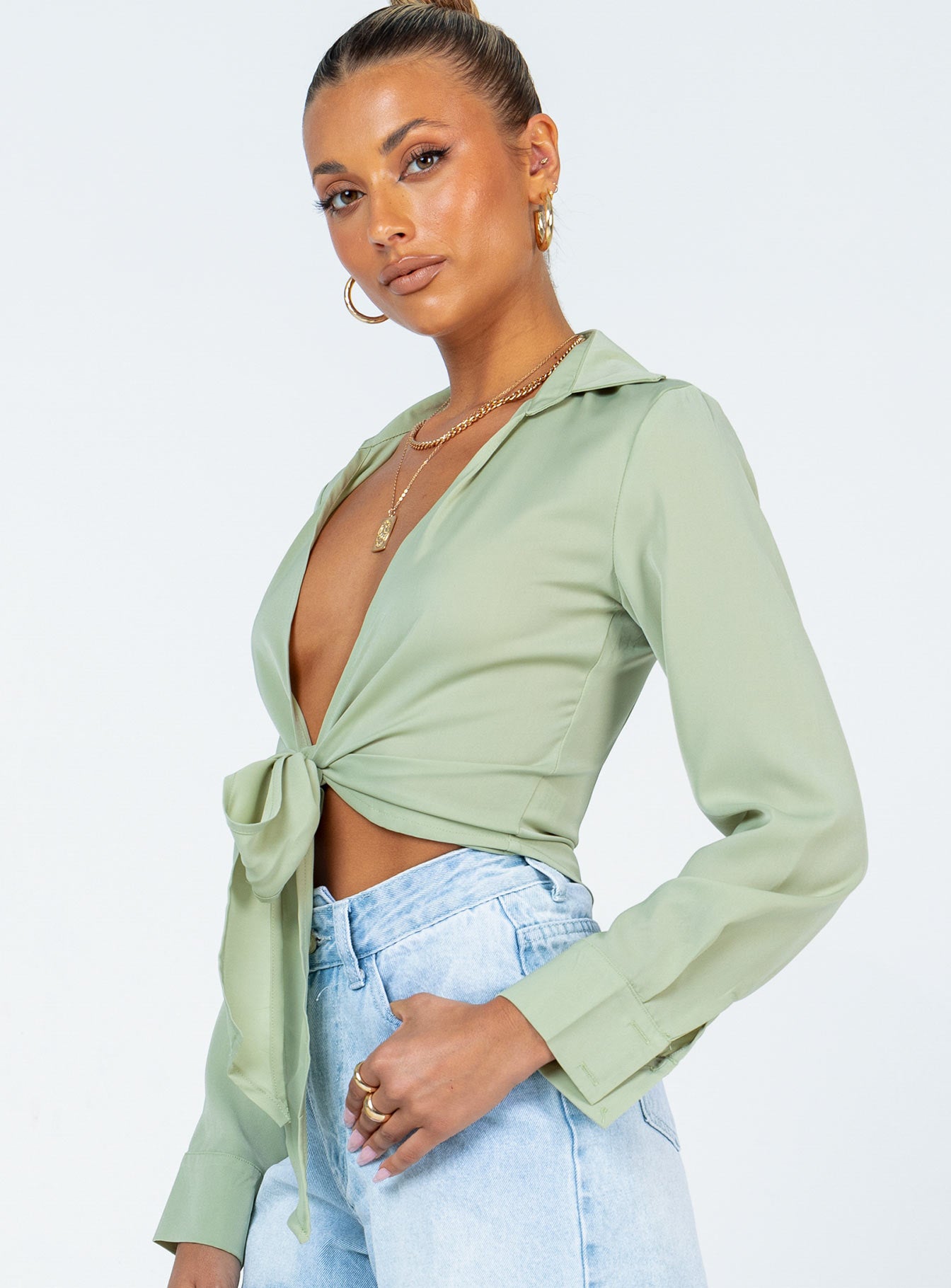 side view of model wearing Princess Polly Gonzalo Shirt Green 