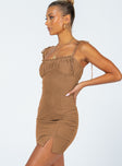 side view of model wearing Princess Polly Ledger Mini Dress Brown 