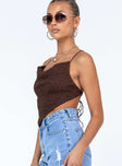 side view of model wearing Princess Polly Julia Top Brown Sleeveless Cowl 