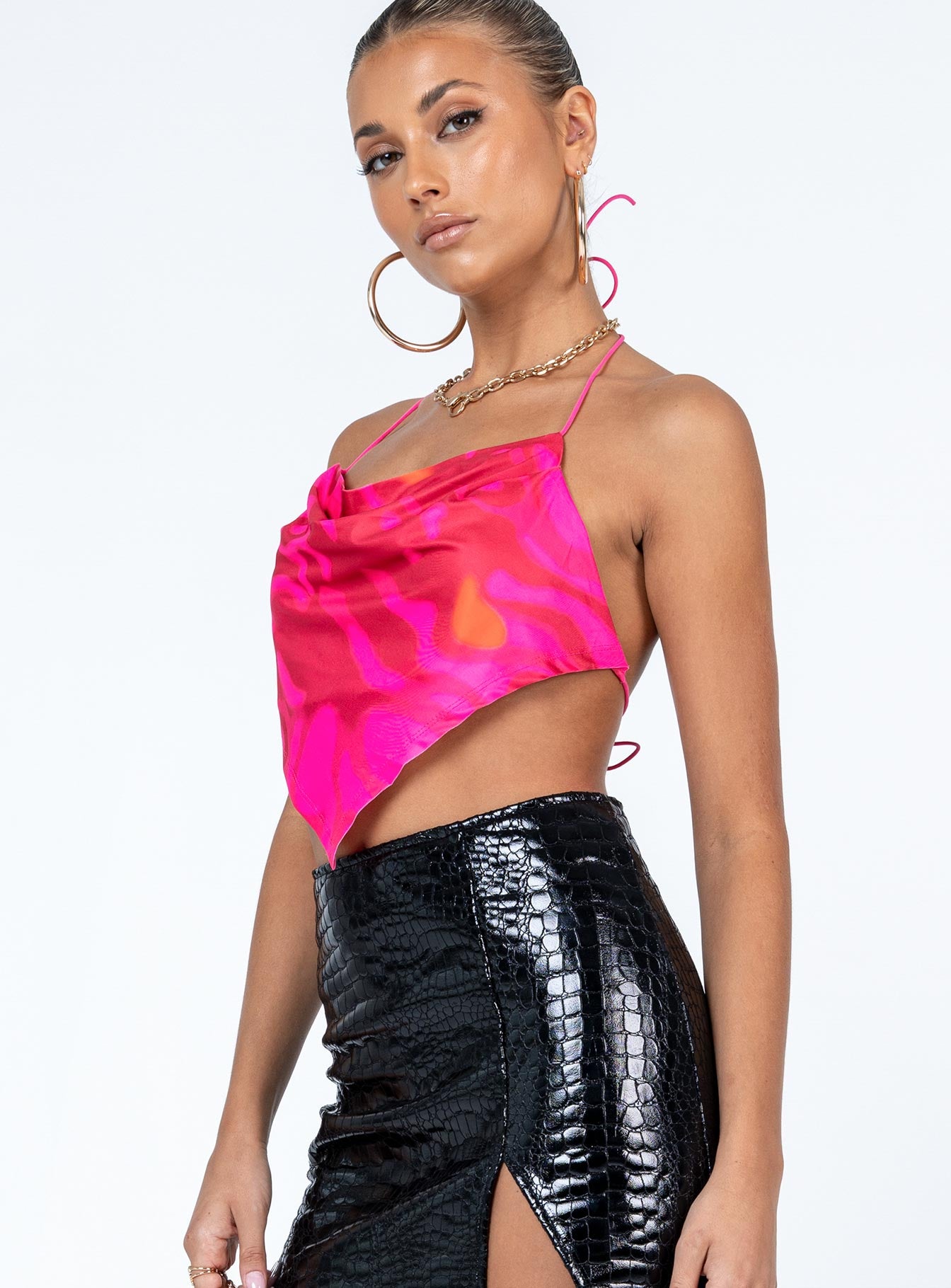 side view of model wearing Princess Polly Belrose Top Pink Sleeveless Cowl 