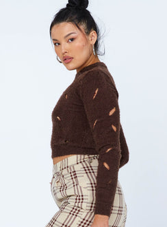 side view of model wearing Princess Polly Astrella Sweater/Jumper Brown 