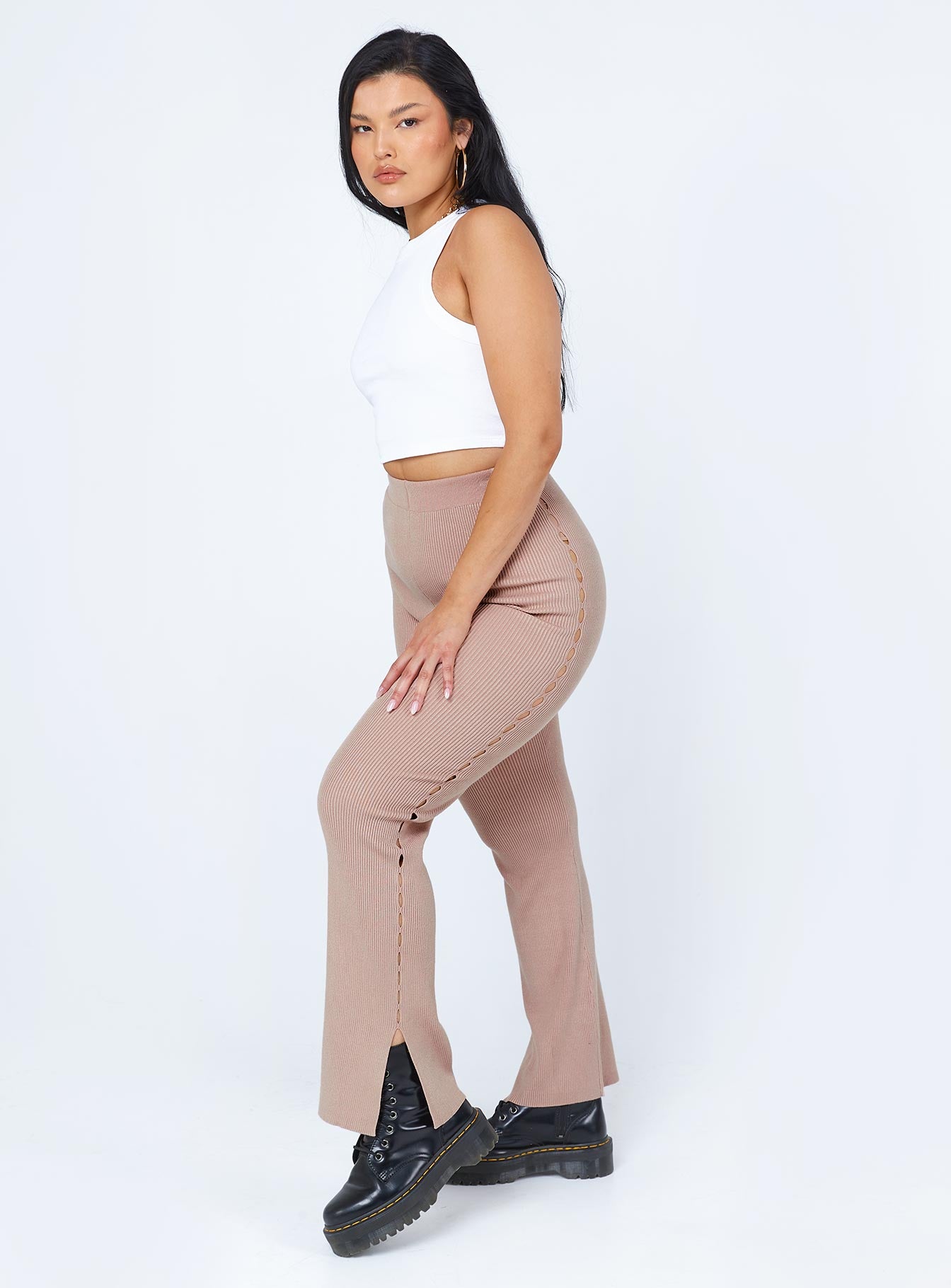 side view of model wearing Princess Polly Selma Pants Beige 