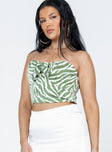 Strapless top  Silky material  Zebra print  Tie fastening at bust Shirred back panel  Lined bust