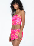 Matching set Floral print  Strapless top  Inner silicone strip at bust  Mini skirt  Mid-low rise 