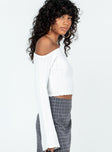 Long sleeve top Ribbed knit material  Off the shoulder design  Flared sleeves
