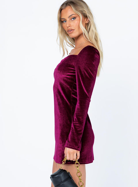 side view of model wearing Princess Polly Star Power Velvet Mini Dress Burgundy 