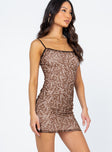 front view of model wearing Princess Polly Mikky Mini Dress Brown Multi 